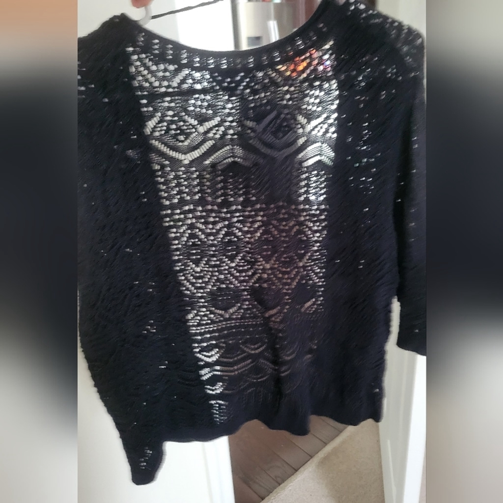 JM Collection XL Black Crochet Open Front Cardigan | Boho Lightweight Layer - Picture 3 of 4